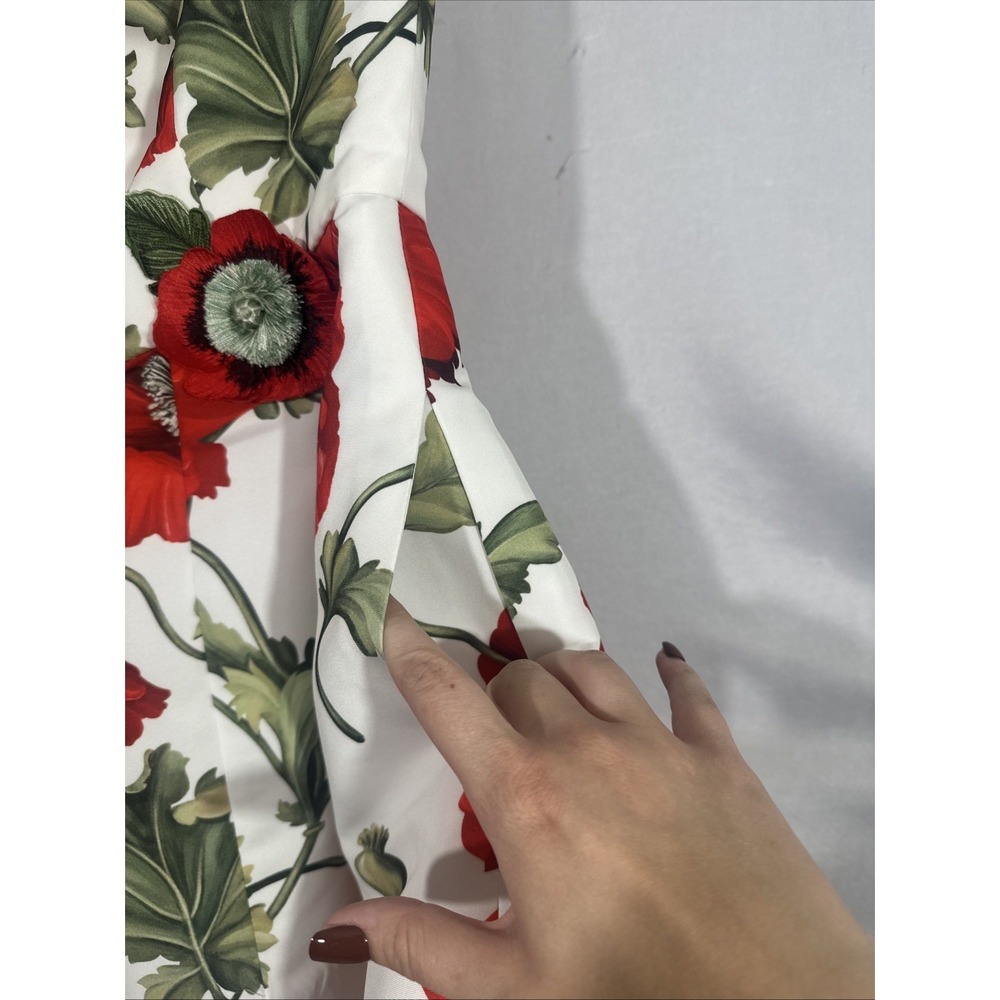 NWD $6000 Oscar de la Renta [ 10‎ ] Poppies Floral Scoop Midi Dress White Red - Picture 6 of 16